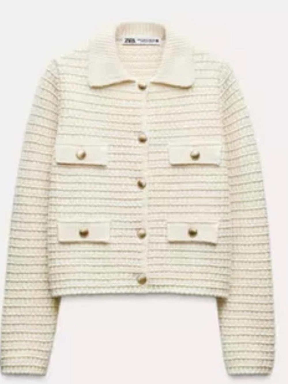 Zara Cream preppy luxury Textured gold Button-Front sweater Jacket